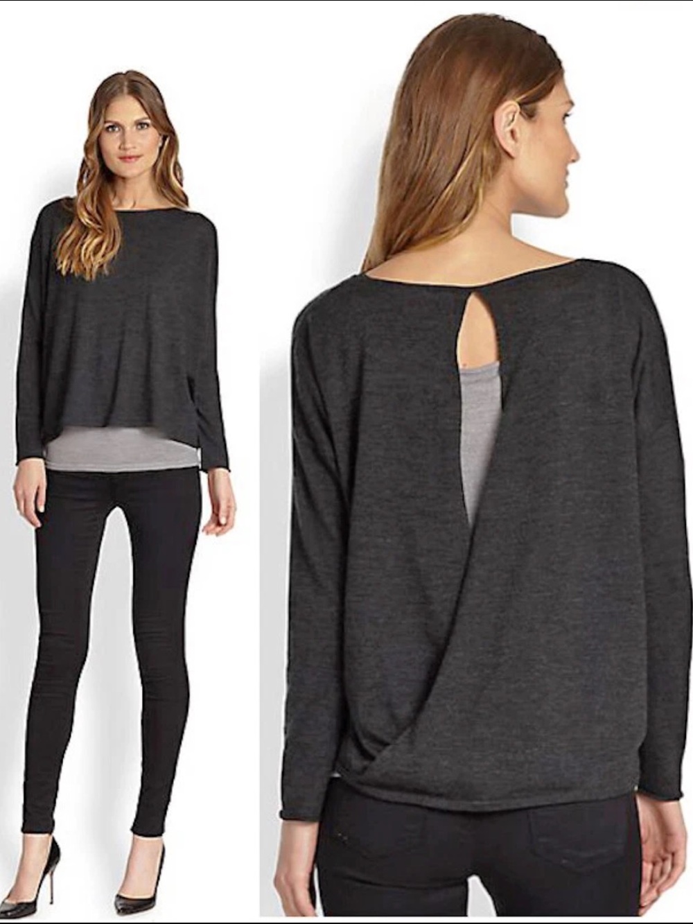 EILEEN FISHER 100% Fine Merino Charcoal Keyhole Back Box Sweater M